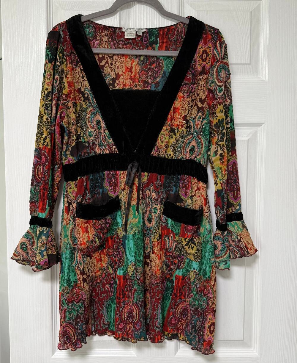Alberto Makali Women's Floral Velvet Sequin Pockets Bell Sleeve Tunic Top XL